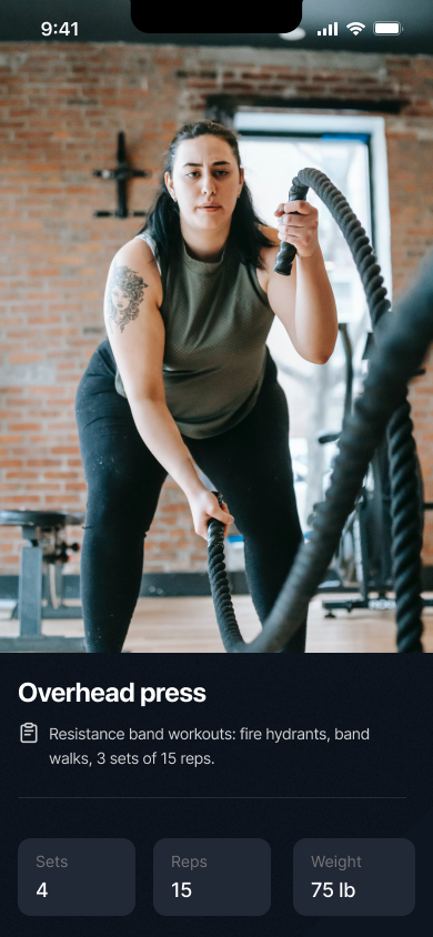 Logging an overhead press in the Kiwi app: 4 sets of 15 reps at 75 lb