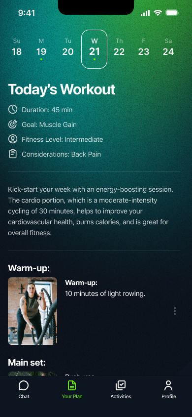 Today's workout in the Kiwi app: 45 minutes for muscle gain at an intermediate level, adjusted for back pain